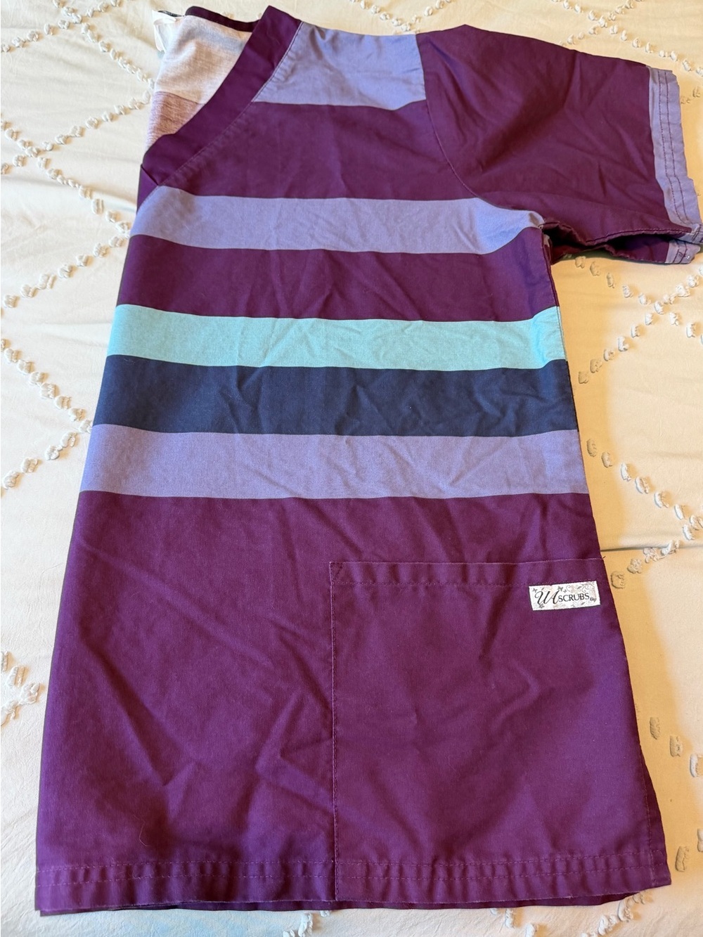 UA Scrubs Purple Striped Scrub Top with Teal and Gray Bands